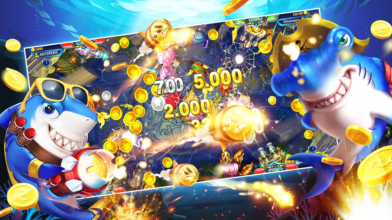 หน้าจอเกมยิงปลาใต้น้ำพร้อมเป้าหมายปลาและเอฟเฟกต์การยิง