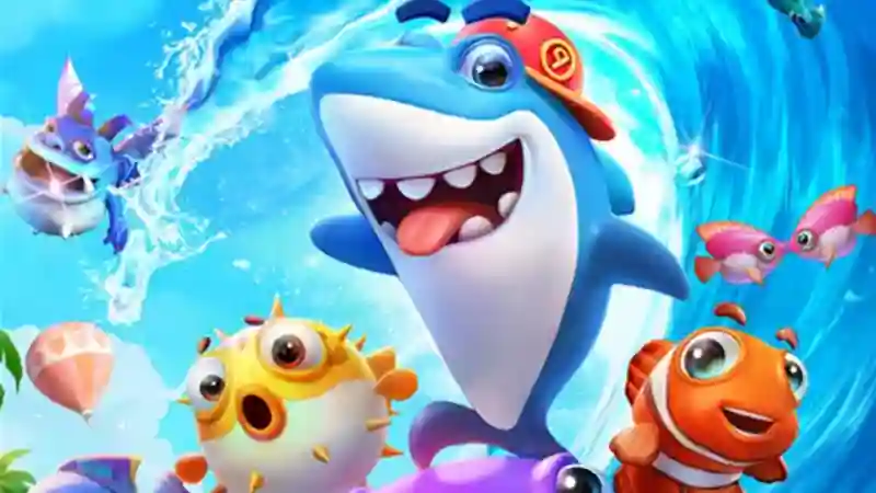 ฉากเกมยิงปลาที่มีฝูงปลาและองค์ประกอบการควบคุมบนหน้าจอ